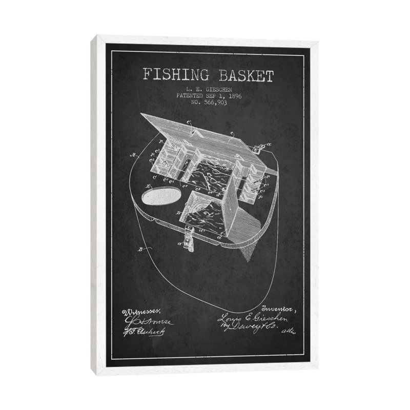 Fishing Basket Charcoal Patent Blueprint 1 Piece Wall Art on Canvas, 66.04 cm H x 45.72 cm W, White Framed