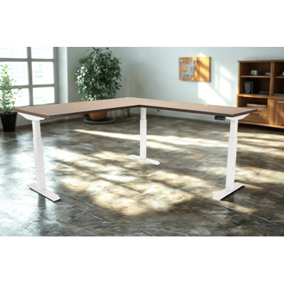 Skyline Electric Height Adjustable 72x30x48x24 L-Shape Standing Desk for Office and Home, Walnut Block Top with White Frame