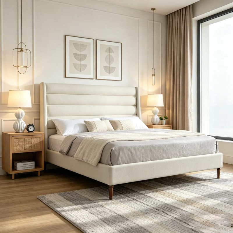 Bed Frame High Headboard Upholstered Platform Bed, King