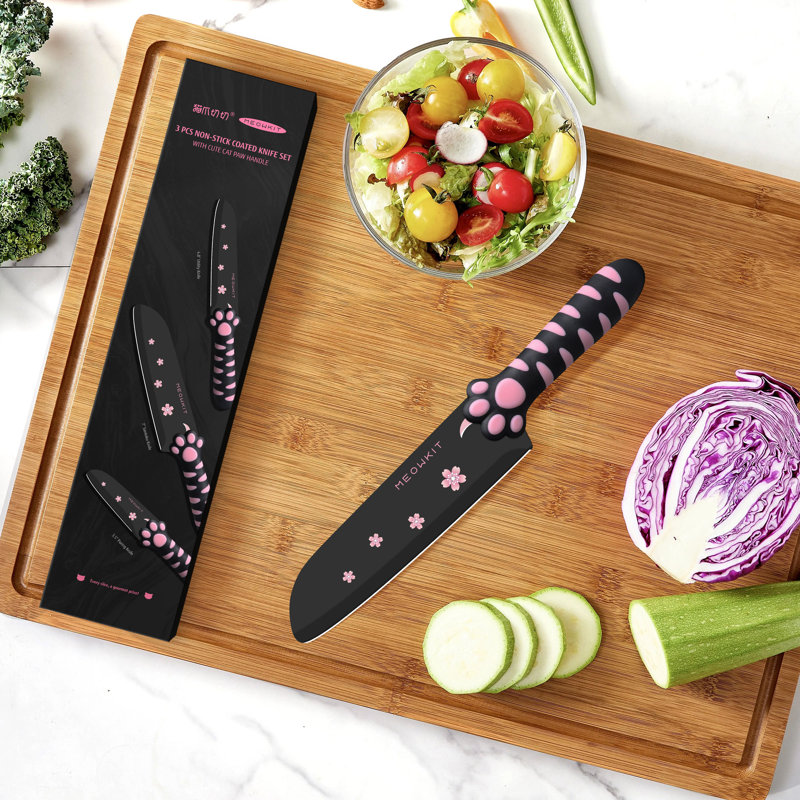 Ensemble de 3 couteaux de cuisine pour pattes de chat Meowkit, lame antiadhésive en acier inoxydable avec poignées ergonomiques, cadeau mignon pour les amoureux des chats 