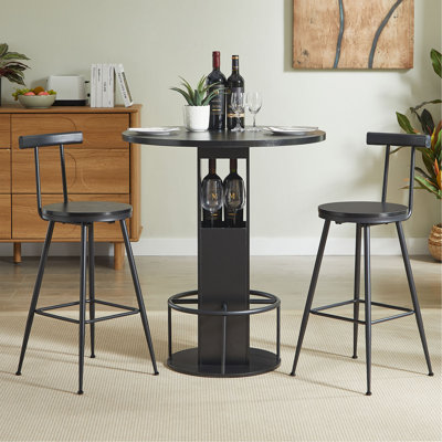 3-Piece Bar Table and Stool Set 31.5-inch round bar table with two stools Compact wooden dining bar with metal ring footrest Ideal for restaurants, cafes, bars, living rooms, and small spaces