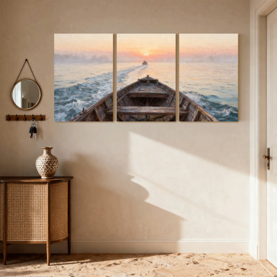 «Nautical & Beach Sunset Boat Water Reflection Morning Light Horizon Journey», ensemble de 3 impressions sur toile