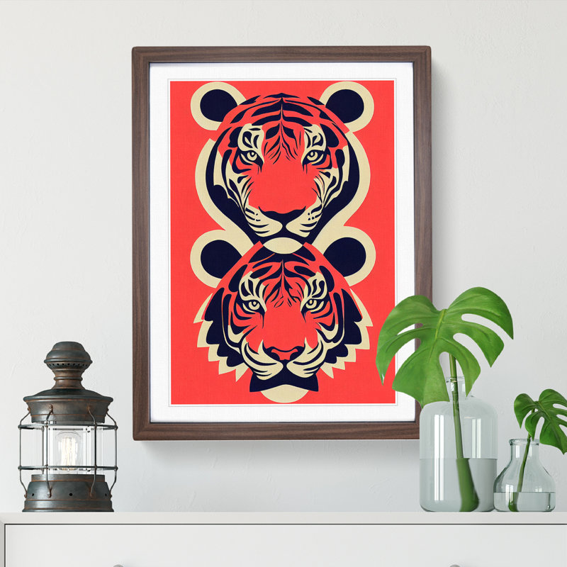 Two Tiger Heads - Single Picture Frame Print, 64cm H x 46cm W x 2cm D, Walnut 