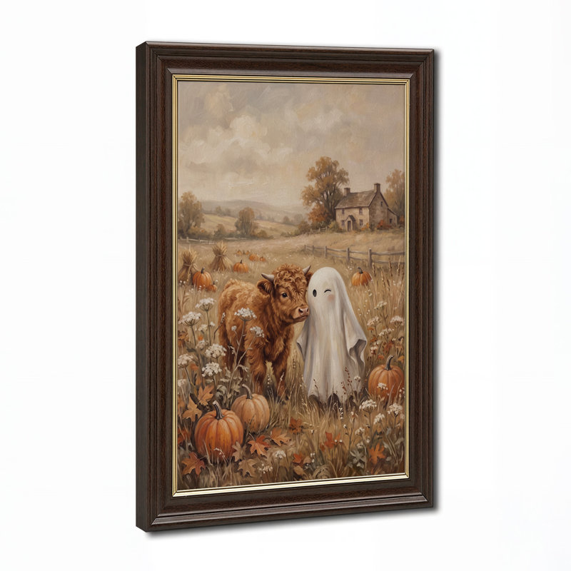Toile d'Halloween Highland Cow and White Ghost in Pumpkin Patch, H 24 po x l 16 po