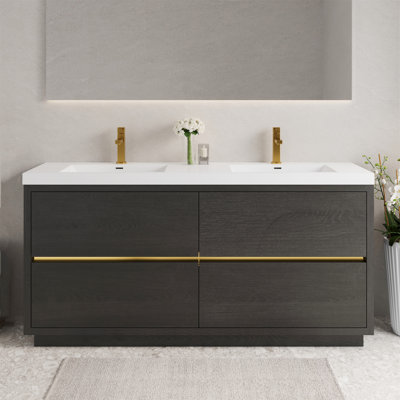 Meuble-lavabo autoportant 72 po avec lavabo, meuble-lavabo avec comptoir en résine de pierre et tiroirs à fermeture en douceur 72 po