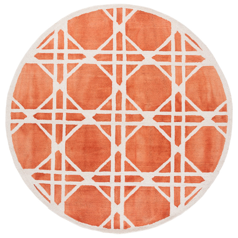 Whit Hand Tufted Wool Geometric Rug, Round 7'