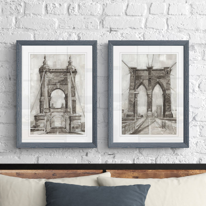 «Bridge Crossing I», ensemble de 2 reproductions d'art encadrées, H 24 po x l 18 po x P 1,25 po, Blanc, Encadré gris
