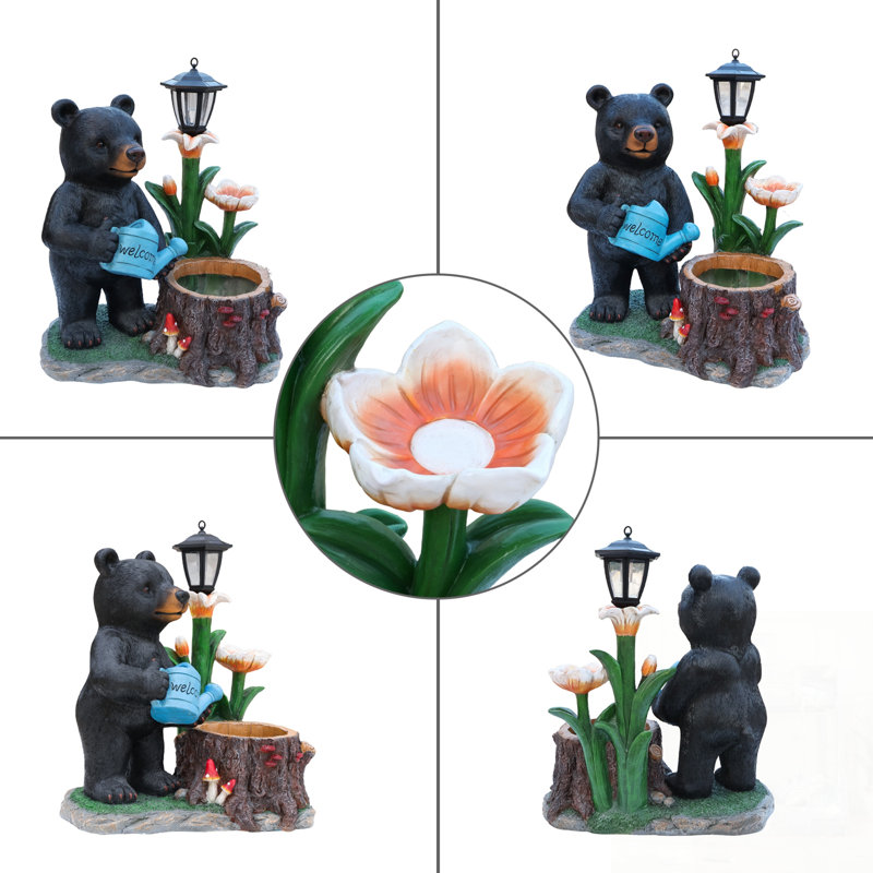 Jardinière d'ours debout avec lanterne solaire décorative - Pot de fleurs de fantaisie représentant un ours pour porche et terrasse