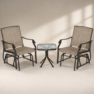 Ensemble de chaises coulissantes 3 pièces Outsunny avec table basse, toile respirante et plateau en verre pour la cour, le jardin et le porche