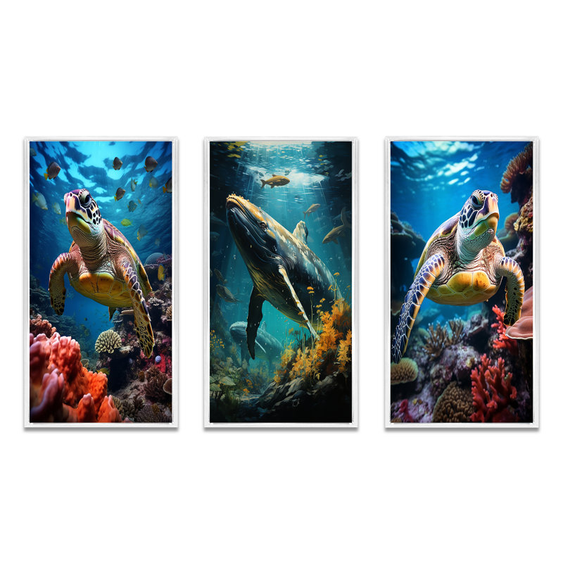 «Green Blue Marine Animals Turtle Encounter», 3 pièces sur toile, Cadre flottant blanc, H 40 po x l 60 po