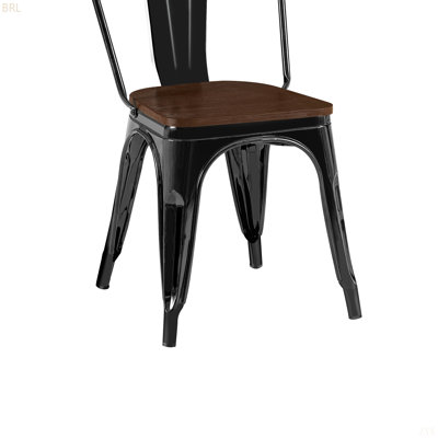 High Gloss Black With Walnut Wooden Seat Industrial Metal Dining Chairs 18 Inch Seat Height Stackable, Indoor Outdoor, Lightweight Easy-Clean Surface, Easy Assembly, Durable Modern Design