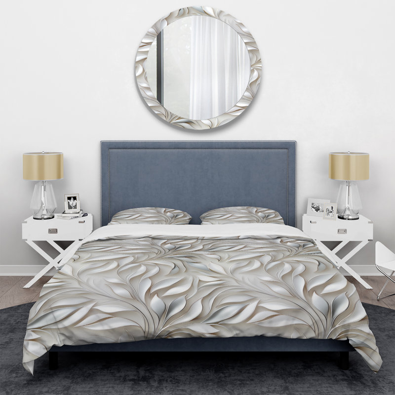 Ensemble de housse de couette floral - Motif abstrait de fleurs blanches et argentées