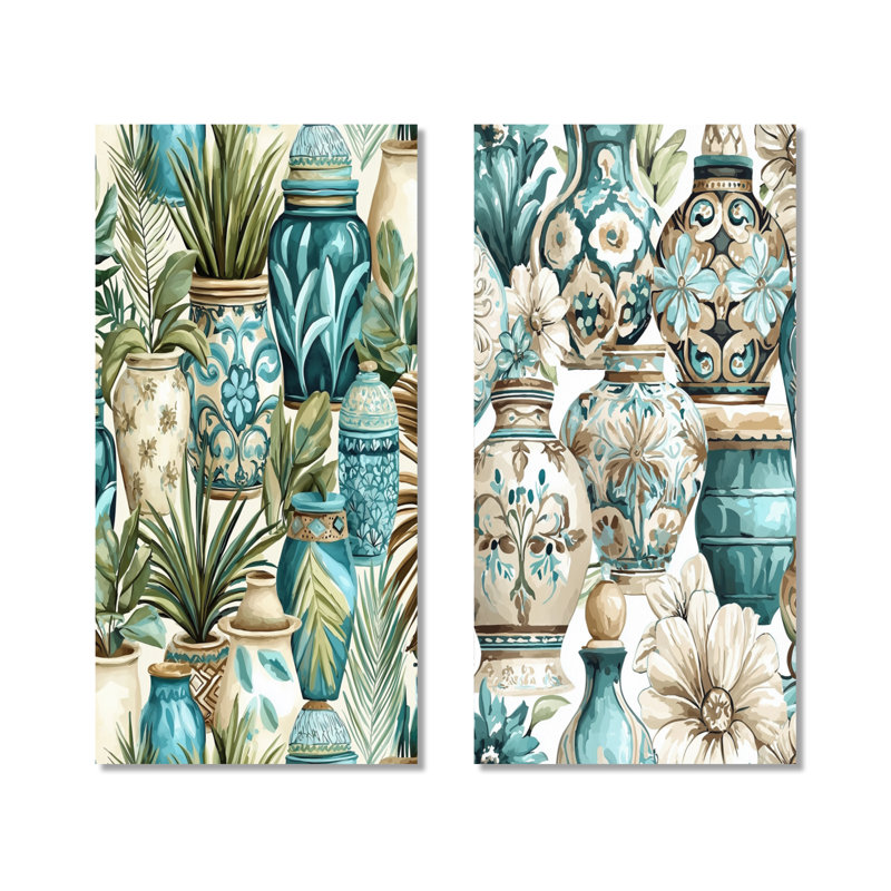 Ensemble de 2 impressions murales vertes et blanches en poterie mexicaine - Mexique, 32" H x 32" W