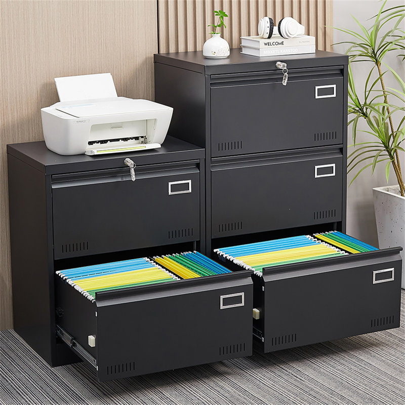 Classeur latéral en métal 2 tiroirs avec serrure, Black