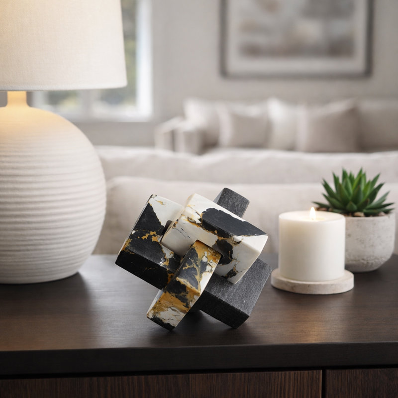 Modern Abstract Marble Knot Sculpture for Home Decor - Decorative Object Accent for Office Desk, Living Room Decoration Display - Black & White