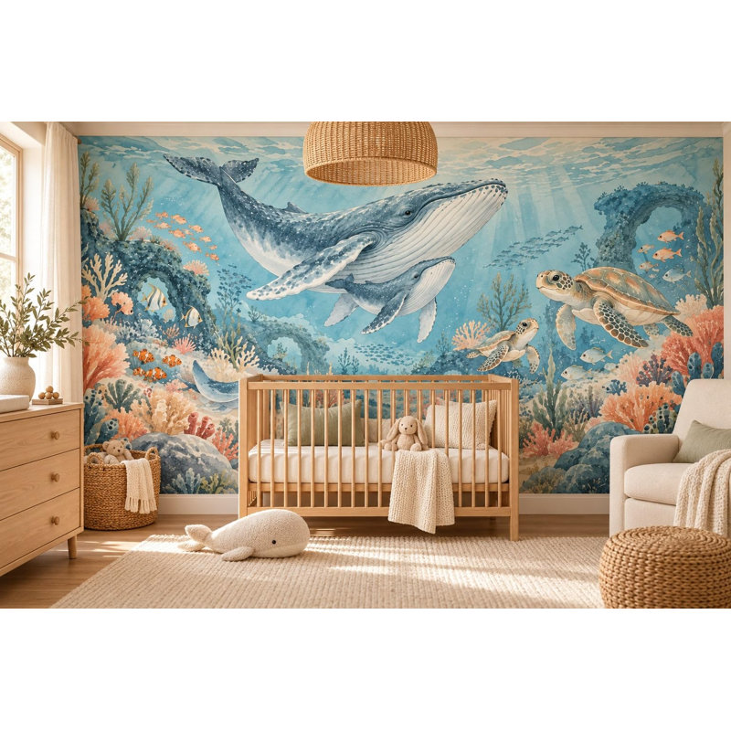 Ocean Kingdom Wallpaper Mural, Peel and Stick Kids Room Wall Mural, Watercolor Ocean Nursery Wallpaper, 305 x 254 cm