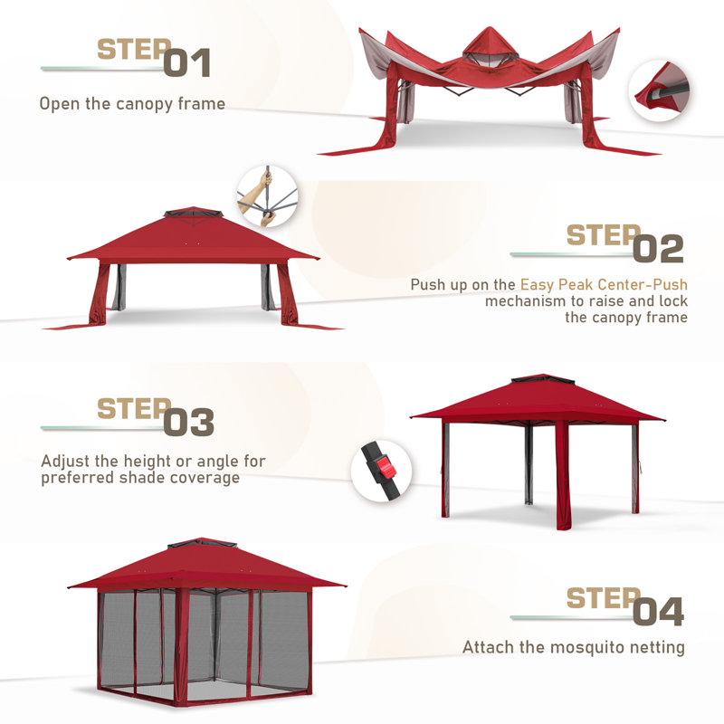 Pop up Patio Gazebo 13 Ft. W x 13 Ft. D Metal Patio, Red