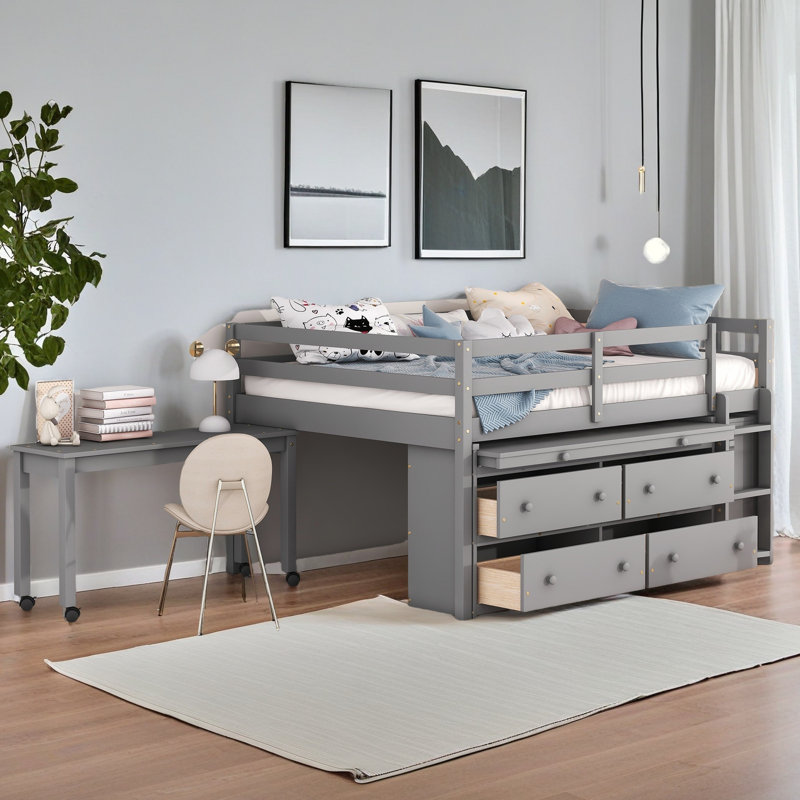 Lit mezzanine avec bureau d'écriture rétractable et 4 tiroirs, Lit double, Blanc