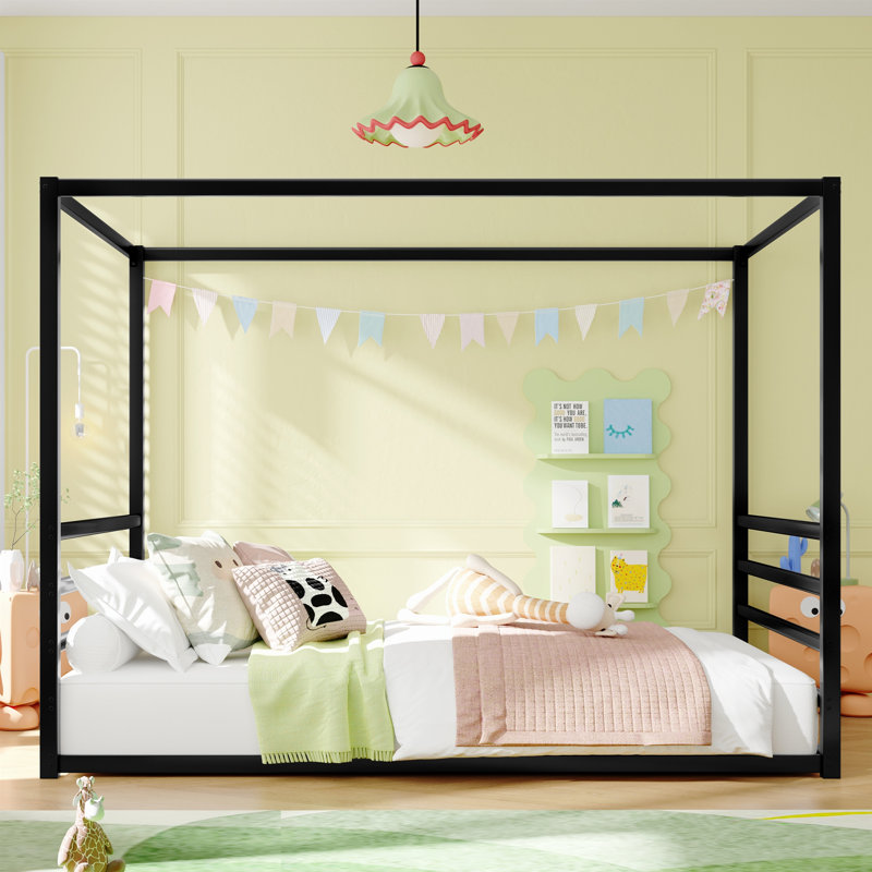Queen Size Sunshade Floor Bed with Iron Frame, Fence-Style Guardrails, and Low-Profile Design for Modern Bedrooms, Queen