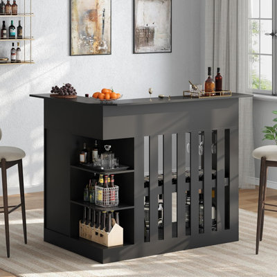 L Shaped Bar Table With LED Light, 4-Tier Corner Wine Bar Cabinet With Stemware Racks & 2 Tier Countertop, At Home Bar Unit With Grille & Movable Bottle Racks, Black Basement Bar For Home Pub