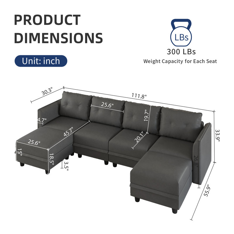 Canapé modulaire en U rembourré 6 pièces avec rangement Tomario, Polyester gris