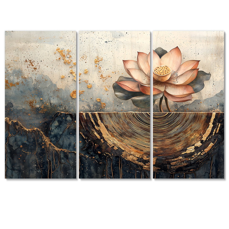 Fleurs de lotus, racines du lac - décoration murale Lotus - 3 pièces, H 28 po x l 36 po, Toile tendue, Ne s’applique pas