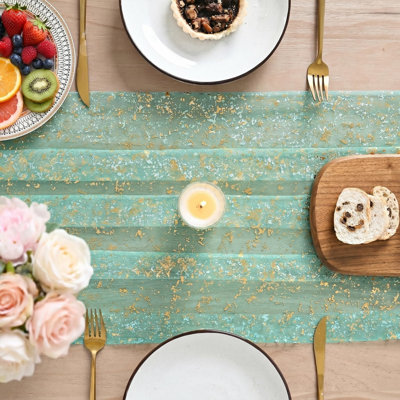 Chemin de table en gaze turquoise et or (lot de 6), 3 m, avec paillettes métalliques et transparence, idéal pour les repas, les mariages, les anniversaires et les fêtes à la maison. Parfait pour décorer une table à la maison ou pour une réception.