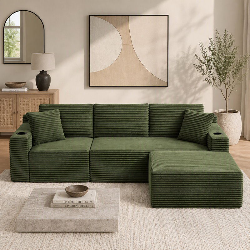 Canapé d'angle en velours côtelé en forme de L avec pouf et porte-gobelets, Velours côtelé vert, Vert