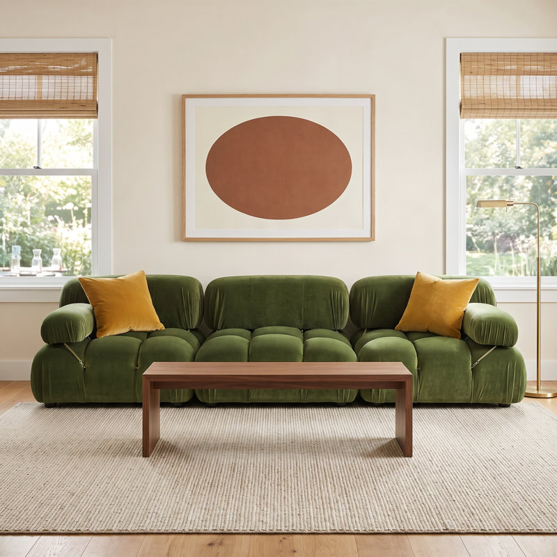 Sigma Upholstered Sofa, Olive Green Velvet, 27.5" H x 109.5" W x 36" D, 3