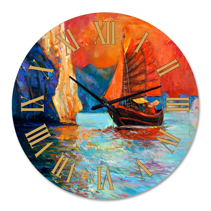 Oversized Chinese Sailboat Arriving During Evening Sunset Glow Wall Clock, Large