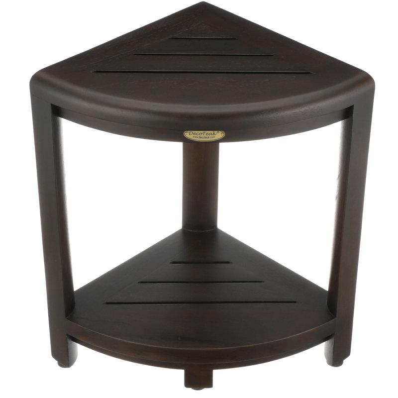 DecoTeak Classic, Satori 17" W, Teak Corner Shower Shelf, Small Bathroom Bench, Teak shower Stool, Teak Corner Shelf Storage, in Woodland Brown