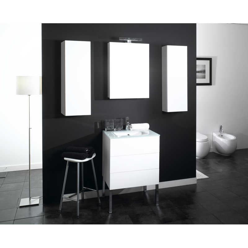Ensemble de meuble-lavabo de salle de bain simple fixé au mur 32 po avec miroir Devon, Blanc lustré