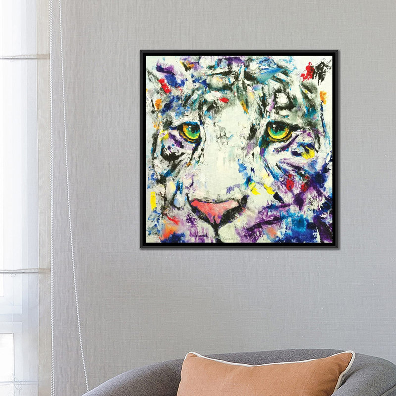 « white tiger », impression sur toile, H 26 po x l 26 po x P 1,5 po, Toile avec cadre noir, Pas de tapis
