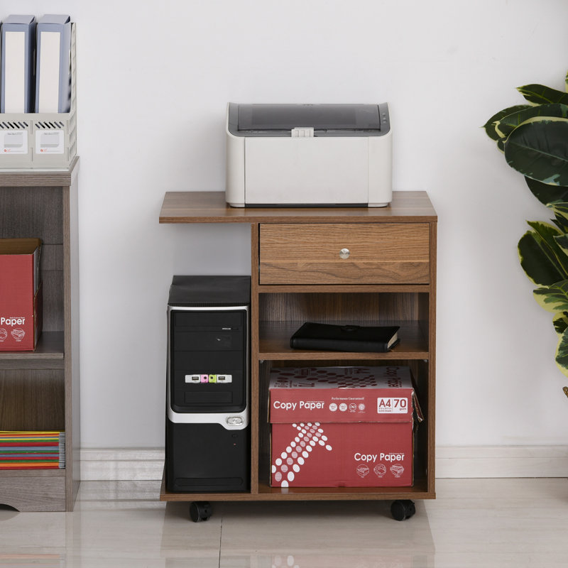 Walnut Particleboard Rolling Printer Stand with Drawer and Shelves