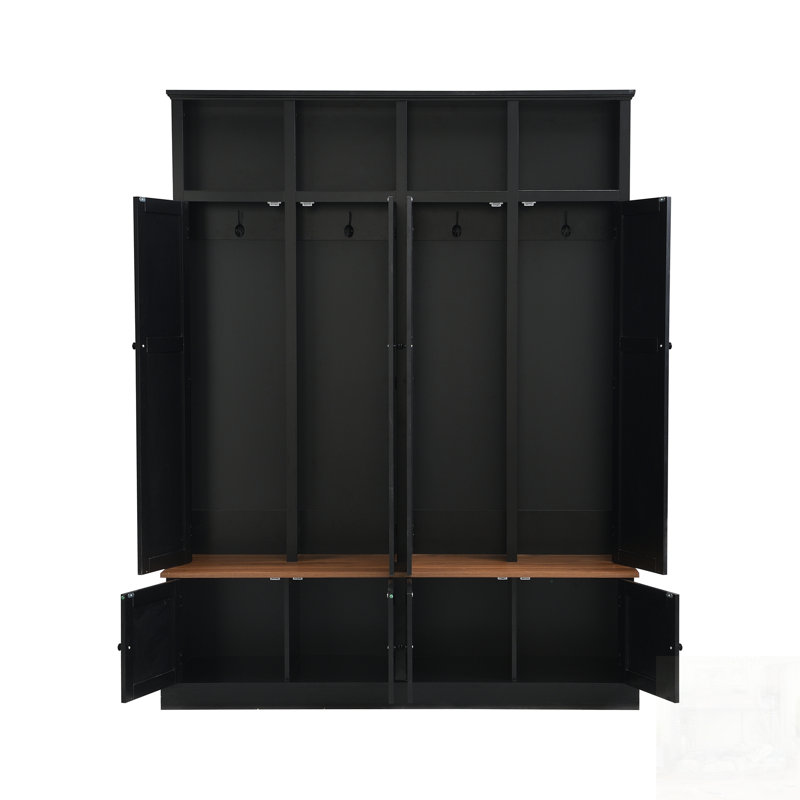 Farmhouse Hall Tree With Bench And Cabinet, 4-In-1 Entryway Organizer, Modern Storage Solution With Open Cubbies & Hooks