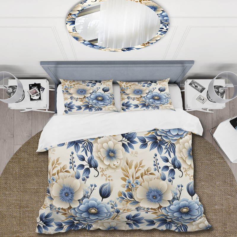 Ensemble de housse de couette Classic Blue Harmony Bouquet, Housse de couette simple + 1 taie décorative stan