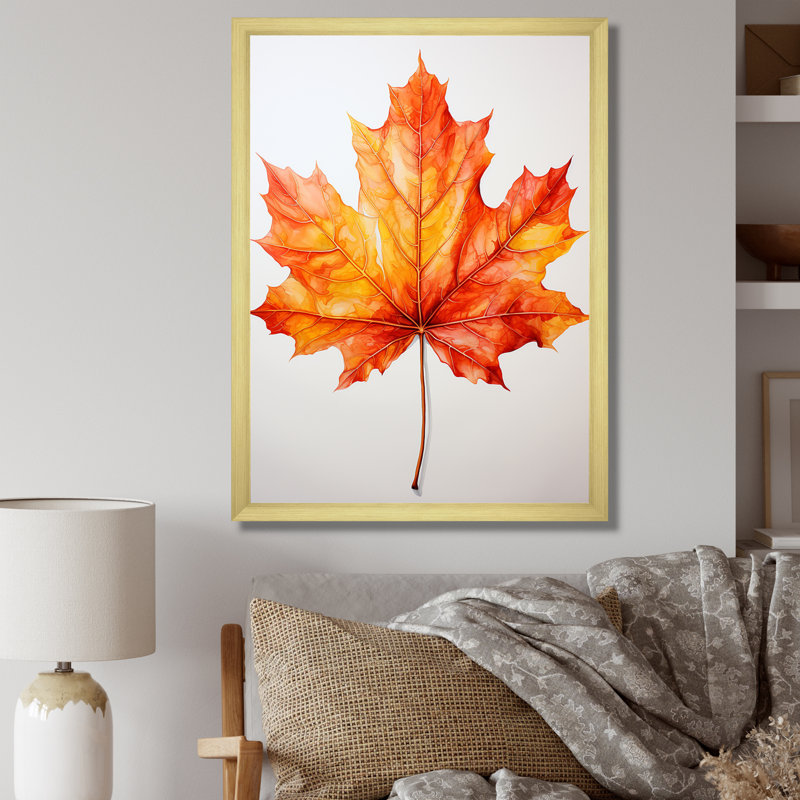 «Orange Maple Leaf Beauty II», art mural érable, Cadre doré simple, H 20 po x l 12 po x P 1 po