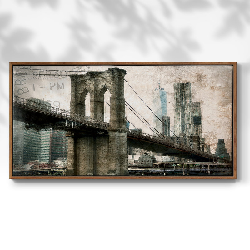 Pont de NY Brooklyn - Toile tendue avec châssis encadré - Prêt à être accroché, H 25 po x l 49 po, Noyer