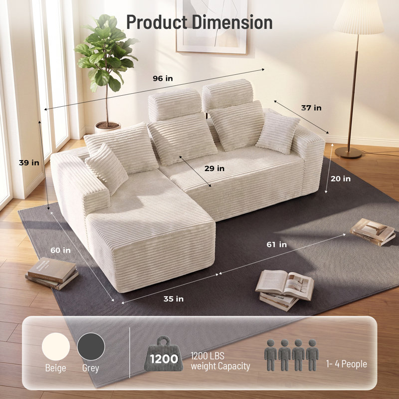 Canapé d'angle surdimensionné en forme de L, 244 cm (96 po), sans dossier haut, livré en un seul colis, avec 2 rallonges d'appuie-tête amovibles et assise profonde. Méridienne gauche en velours côtelé, beige.