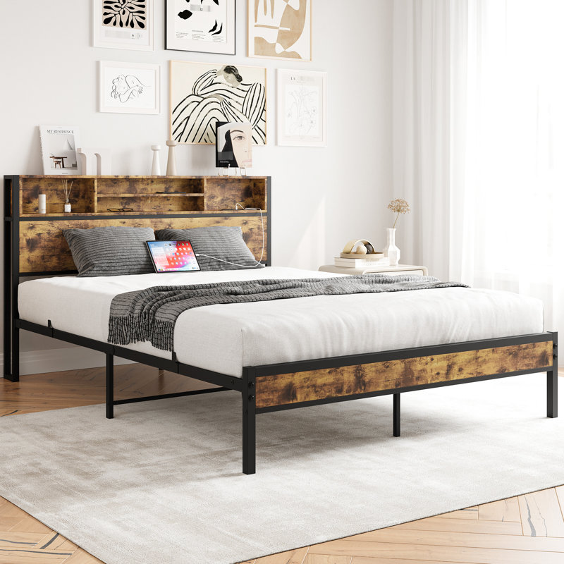Metal Platform Queen Bed With Headboard Storage & Charging Option - No Box Spring, Noise-, Black, Structure And 2 Ports Black Modern Look