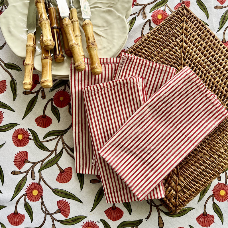 Red Striped Napkins - Block printed, White/Red