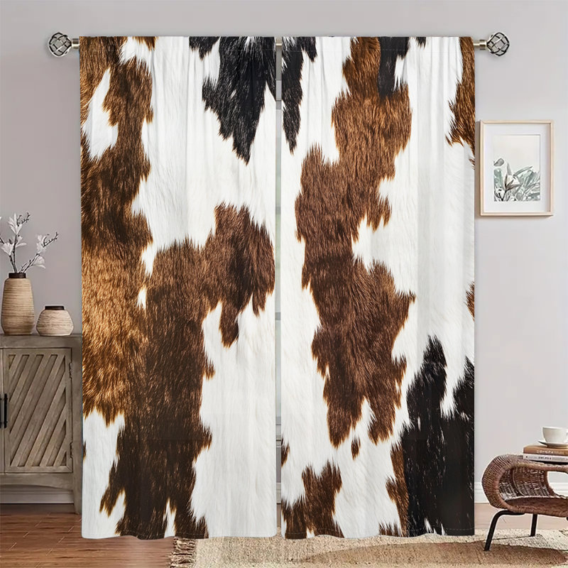 2Pcs Cowhide Print Window Curtains Animal Pattern Rod Pocket Curtain Panels Rustic Cowboy Western Style Room Darkening Treatment for Living Bedroom Home Decor