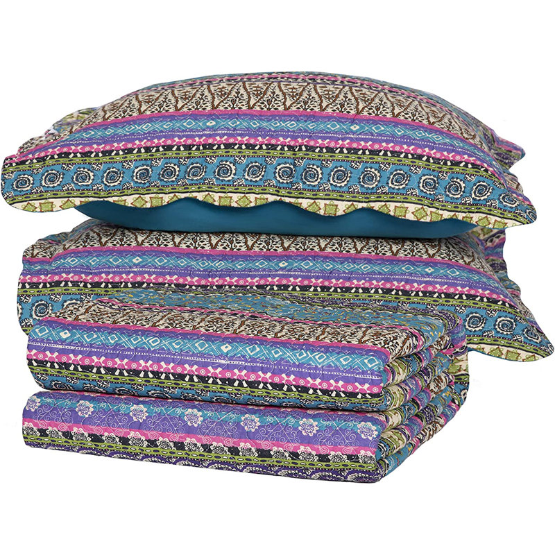 Boho Chic Blue Cotton Queen Reversible Quilt Set