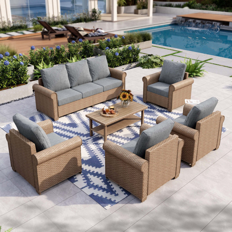 7-person Outdoor Patio Rattan Sofa, Beige, No