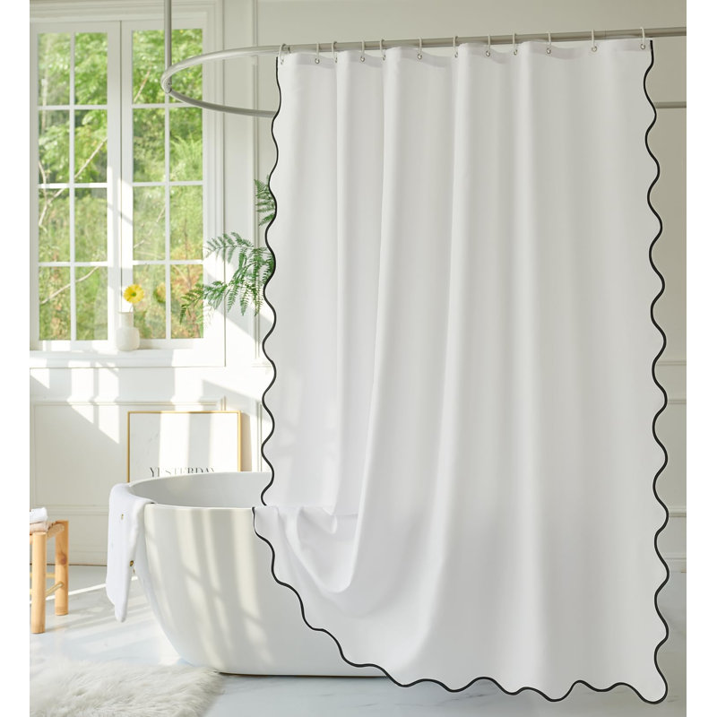 Tissu blanc avec rideau de douche à bordure festonnée noir d'eau, rideau de douche Boho Chic pour douches de salle de bain, 72 po x 72 po