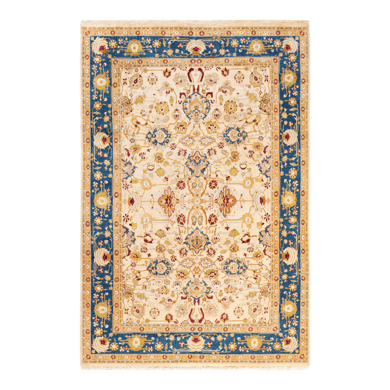 Tapis unique jaune / rouge / bleu noué à la main 6 pi x 8 pi 10 po Tupou Mogul