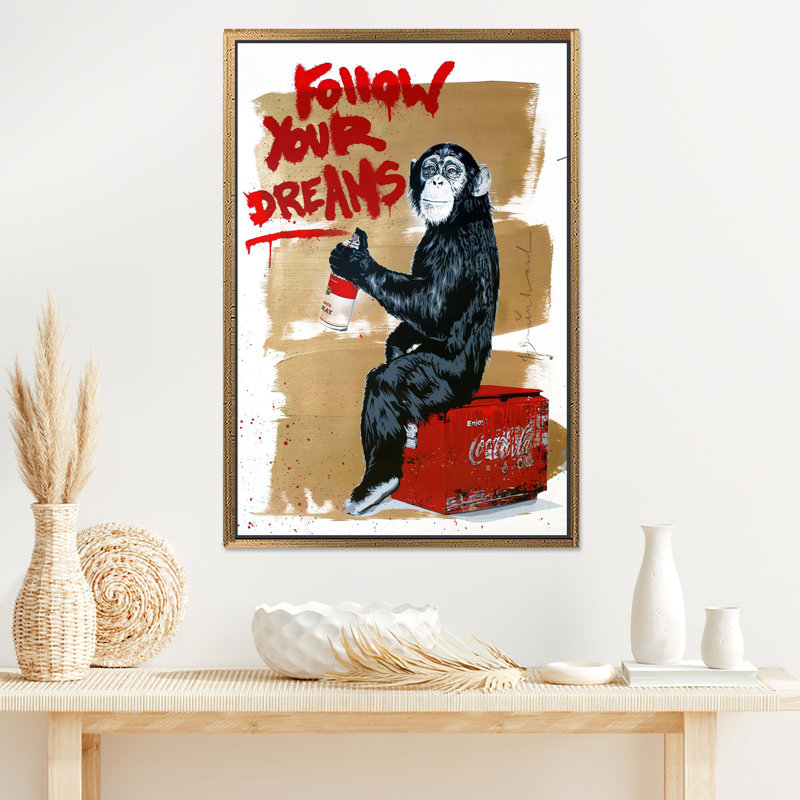 Artful Banksy Monkey Graffiti: reproduction d'art sur toile imprimée pour décor moderne, 1P or encadré