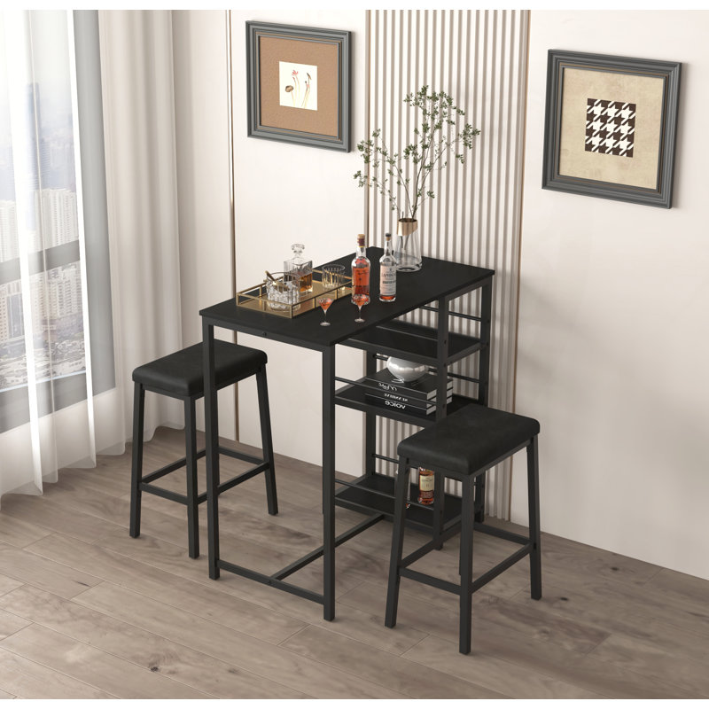 Stourbirdge 3 Piece Dining Table Set for 2, Compact Dining Set w/Storage Shelves and Kitchen Stools