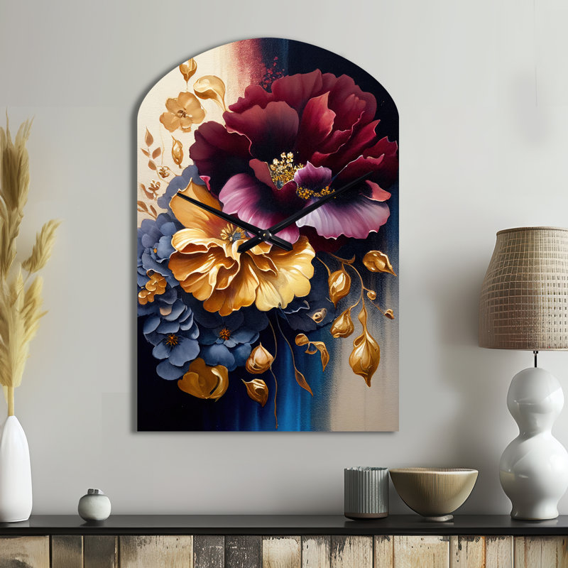 Horloge murale bourgogne et bleue Floral Bunch II - Floral, Médium
