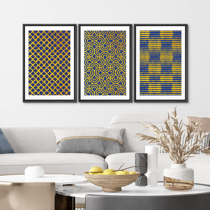 "Or bleu, blocs de couleurs géométriques, collage, formes abstraites, illustrations, art moderne et bohème chic" - 3 pièces